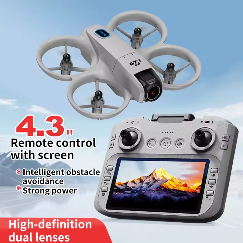 Mini dual camera drone with LCD screen remote – side view